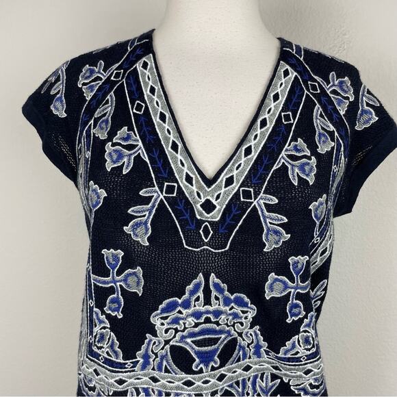 Tory Burch Navy Embroidered Short Sleeve V Neck Jory Knit Sweater Small - Picture 4 of 8